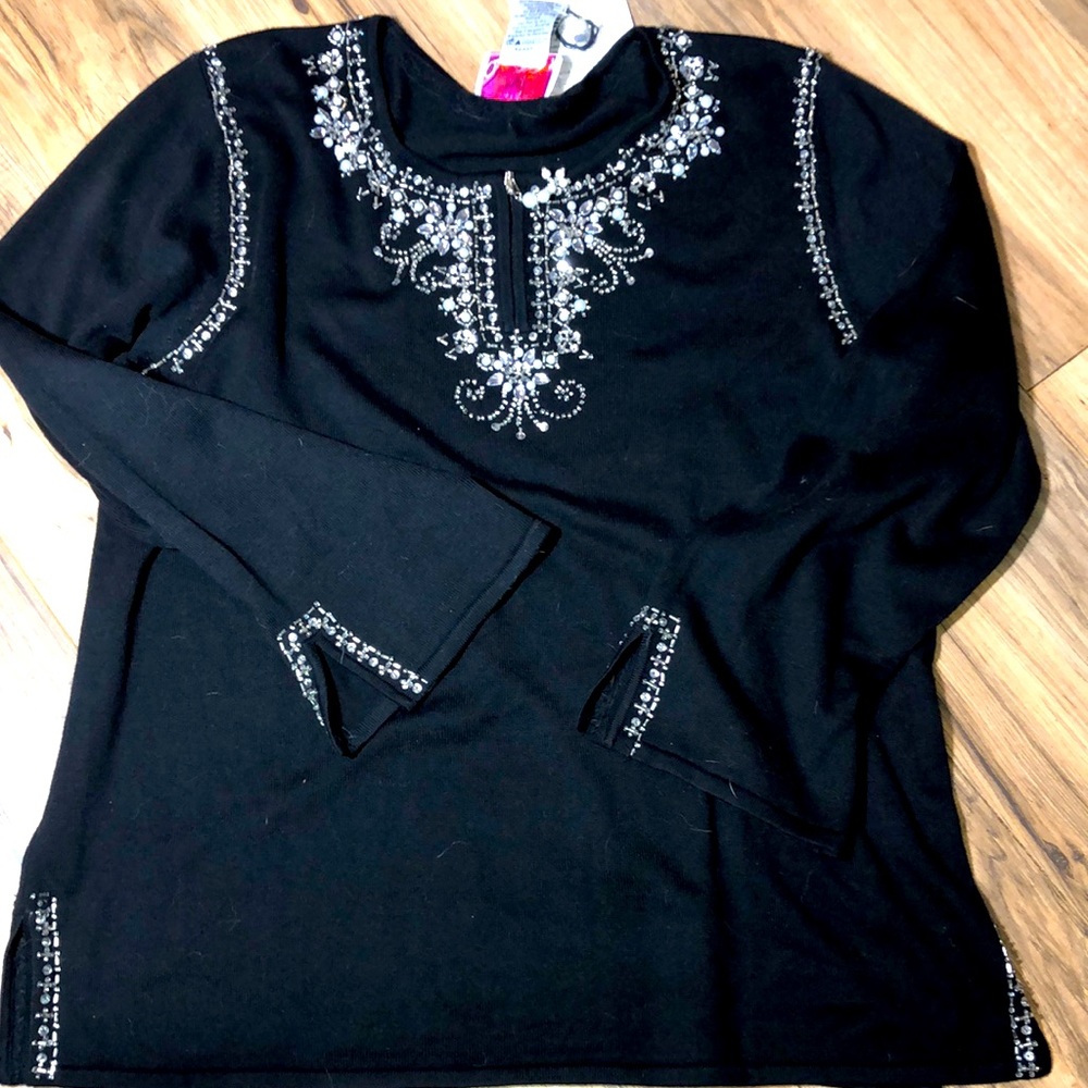 Quacker Factory Black V-Neck Sweater with Silver Beaded Embellishment